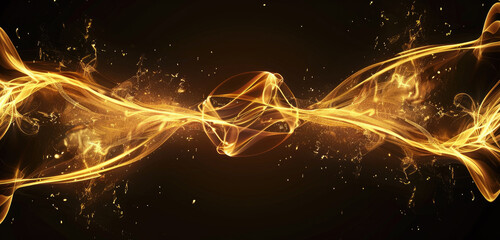 Obraz premium A glowing golden wave of energy is set against an empty black background. The waves form the shape of two intertwined flames with sparks and swirls around them.
