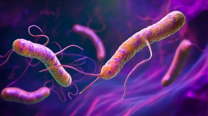 Obraz premium Swirling microorganisms vividly illustrated in pink and purple hues, showcasing dynamic interactions, and exploring abstract concepts of life and motion.