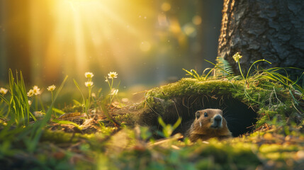 Obraz premium Groundhog emerging from burrow in sunlit forest meadow