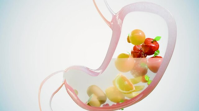 Stomach with fruits, Losing weight and nutrition, Healthy food for Digestive System, Medical and healthcare food eating concept. dieting fitness, Sweet tropical fruits, Prebiotics, fiber, 3D render
