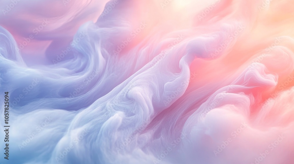 Poster an abstract image showcasing soft pastel hues with swirling, cloud-like patterns, evoking a sense of