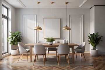 Fototapeta premium Elegant dining room, modern Scandinavian design, wooden table, gray upholstered chairs, pendant lights, large windows, white paneled walls, empty picture frame, potted plants, hardwood floors, coffere