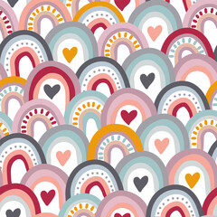 Childish rainbow seamless pattern. Repeating rainbows with hearts.