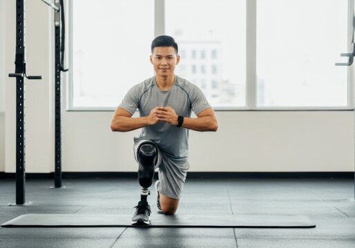 Athletic male with prosthetic leg exercising in gym on yoga mat.