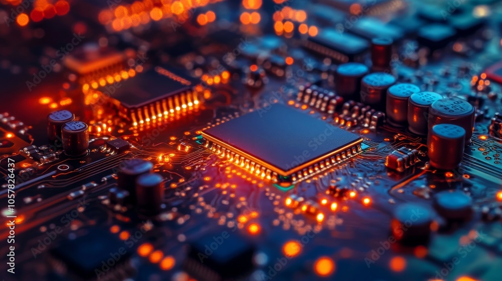 Poster an intricate electronic circuit glows with the luminescence of a central microchip, symbolizing the 