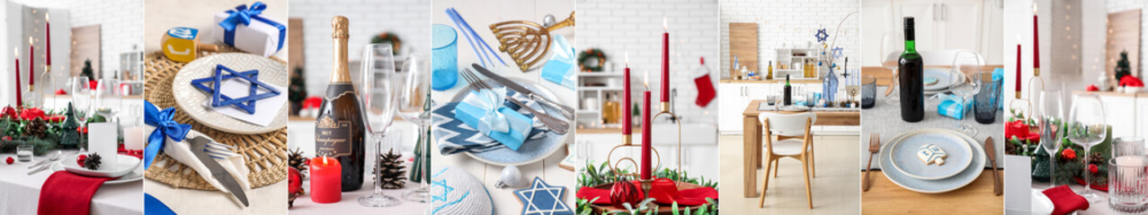 Collage of beautiful table settings for Hanukkah celebration in dining room