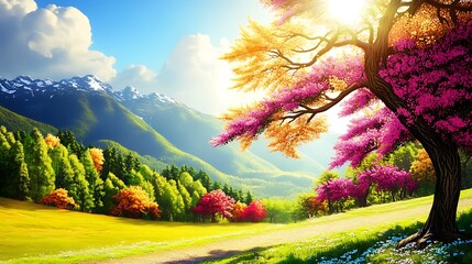 A stunning stock photo featuring a vibrant and lush spring landscape, with a picturesque backdrop of blooming flowers, green meadows, and clear blue skies.