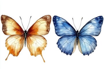 Fototapeta premium Two beautifully illustrated butterflies in orange and blue watercolor styles.
