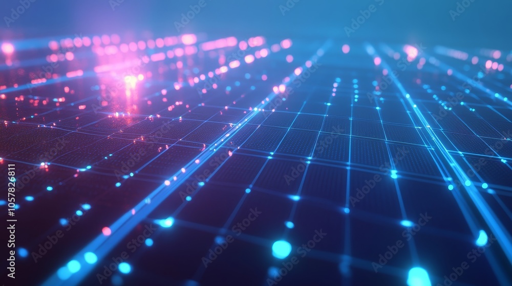 Poster a detailed close-up of a digital circuit board with intricate patterns and components illuminated by
