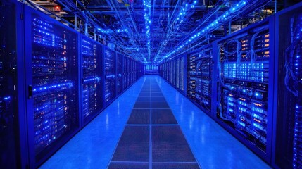 Fototapeta premium A long hallway in a data center with rows of servers on each side.