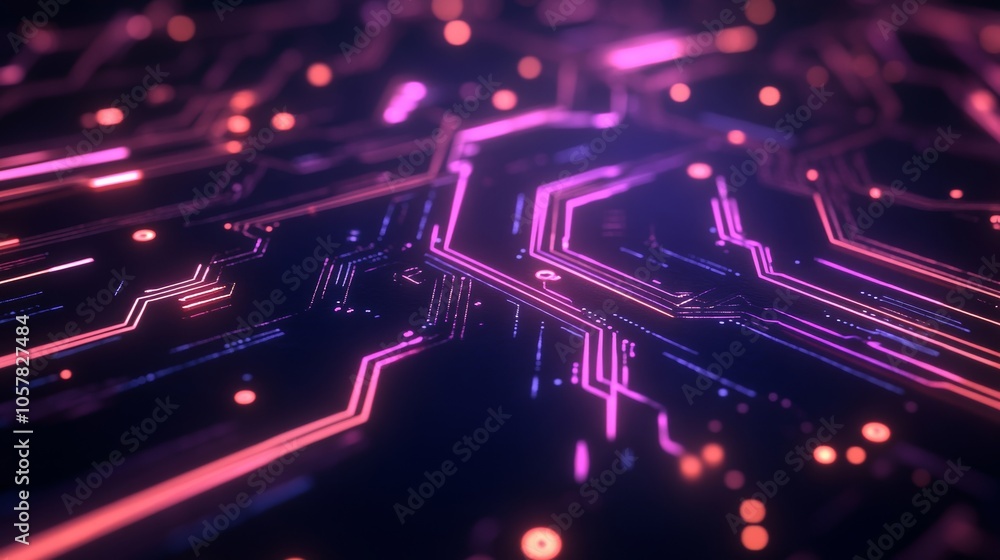Poster an abstract digital render of a circuit board with neon pink highlights and intricate patterns, repr