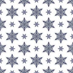 Snowflakes seamless pattern, detailed hand drawn vector line illustration. Graphic outline doodle drawing. Christmas and New Year background for frosty winter design, gift wrapping, packaging, textile