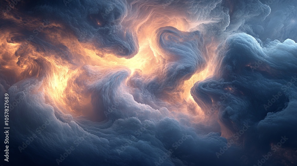 Poster dark and colorful clouds create dramatic swirls around a bright, fiery light, capturing an essence o