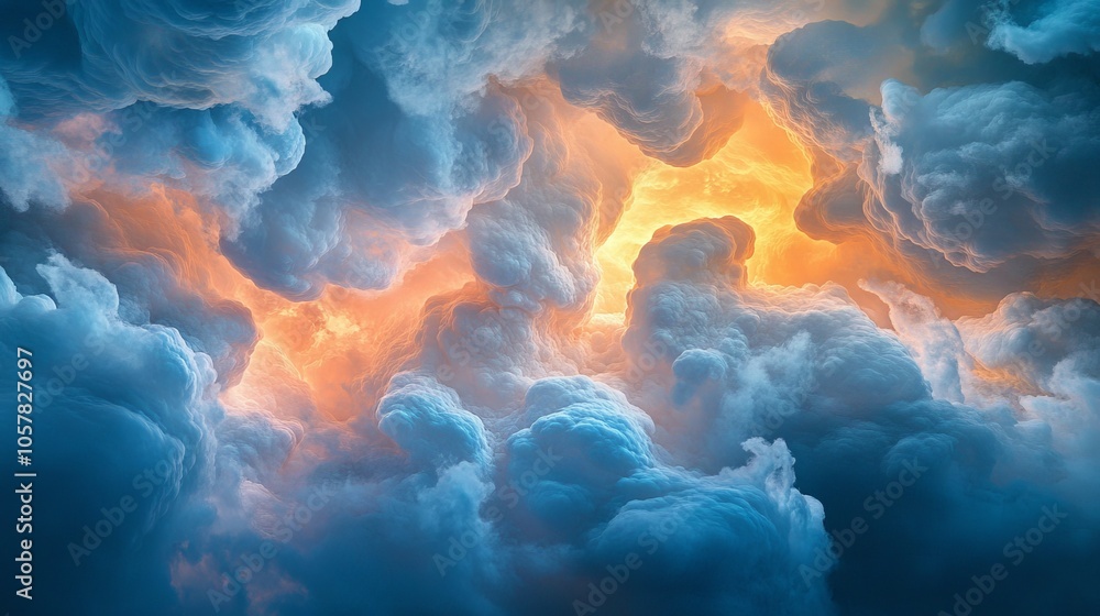 Poster whimsical clouds with rich colors swirl around a bright, glowing center casting dynamic light effect