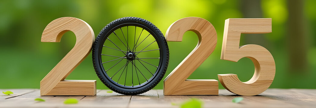 Mockup number 2025 made of wood against the background of nature, instead of the number 0 a bicycle wheel. Banner