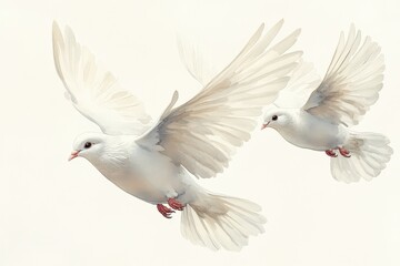 Obraz premium Two elegant white doves in mid-flight, symbolizing peace and freedom.