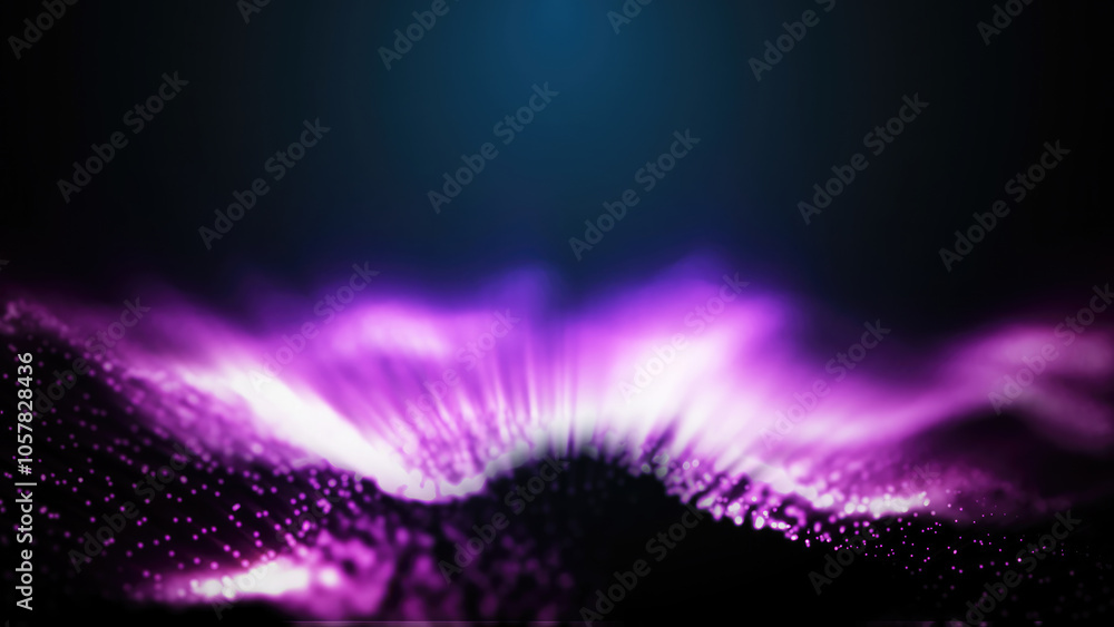 Poster a mesmerizing display of purple glowing particle waves, representing abstract energy flows against a