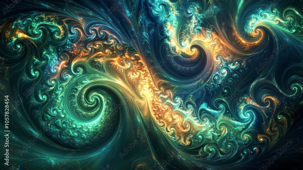 Poster a vibrant fractal artwork bursting with luminous green and gold swirls, depicting intricate patterns