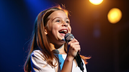 Adorable Cute Little Young Girl Performing on Stage Smiling in School Theater Program. 