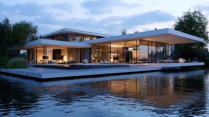 Obraz premium a?? Modern architectural marvel by the water blending nature with contemporary design.
