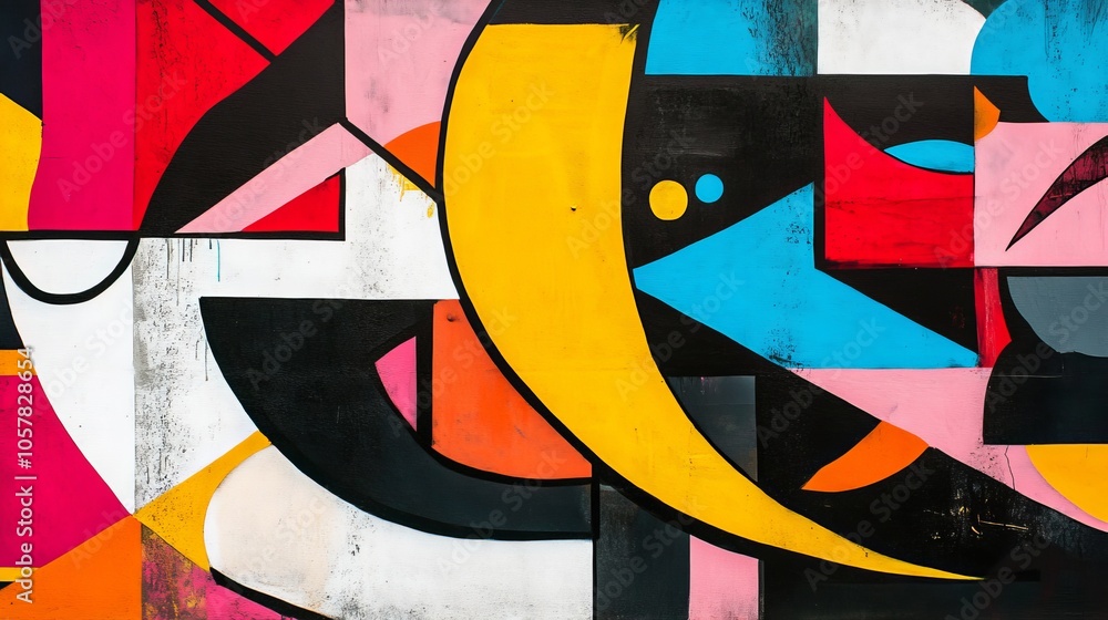 Poster a vibrant abstract artwork composed of colorful geometric shapes and bold patterns, creatively arran