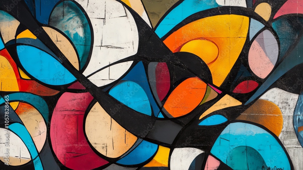 Poster a dynamic art piece displaying a variety of geometric forms intermingled with vibrant colors, visual