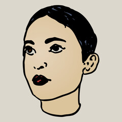 Head of a pretty brunette girl. Female portrait. Face of a beautiful young woman. Colorful sketch.