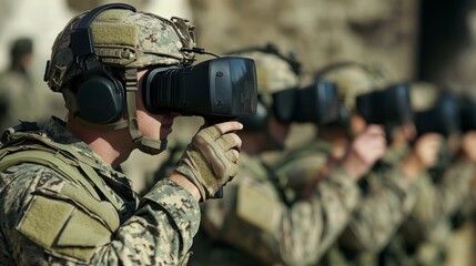Fototapeta premium Military technology demonstrations where soldiers use advanced virtual reality systems to simulate combat situations for training.