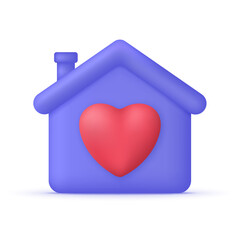 3D House icon with heart isolated on white background. Stay at home. Love symbol.