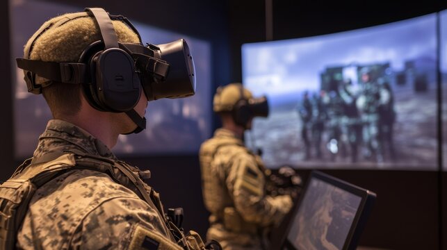 Military technology demonstrations where soldiers use advanced virtual reality systems to simulate combat situations for training.
