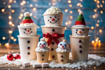 family snowmen out stacked coffee cups decorated whipped cream chocolate chips marshmallows, treat sweet dessert snack