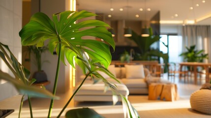 Fototapeta premium Modern interior with monstera plant and warm lighting