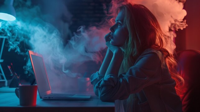A woman sits in front of a laptop computer that is emitting smoke