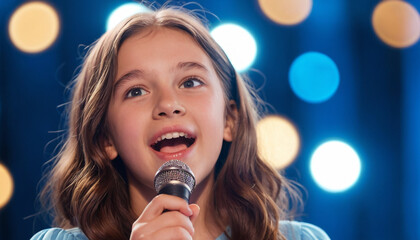 Adorable Cute Little Young Girl Performing on Stage Smiling in School Theater Program. 