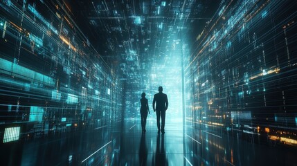 Futuristic Virtual Data Center with Silhouetted Figures