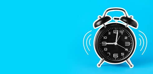 Ringing alarm clock on blue background with space for text
