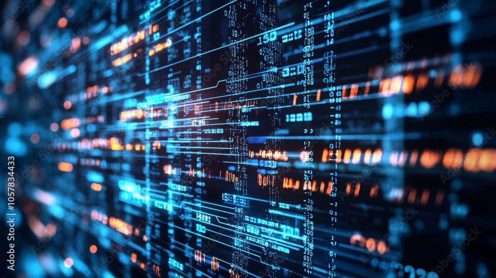 Poster abstract digital data network with blue and orange lines