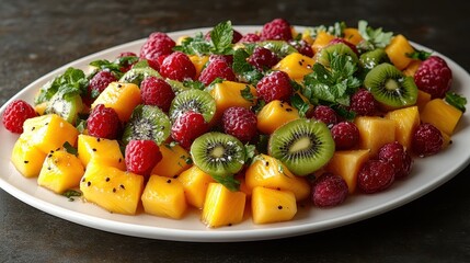 Tropical Fruit Medley, colorful assortment of mango, pineapple, and kiwi beautifully arranged on a white platter, inviting and fresh