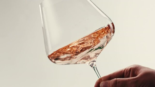Orange or white wine bottle and glass against a sunset in a peaceful vineyard, pouring of ecological natural wine. 