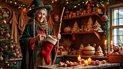 Elderly Woman in Whimsical Witch Hat Filling Christmas Stocking in Festive Holiday Workshop. Mystical scene of Christmas holiday traditions with a good witch