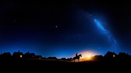 Rider in Silhouette Against Starry Night Sky with Milky Way and Village Houses.figure of St. Nicholas deliver gifts during the night