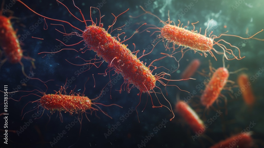 Poster a highly detailed image showing red bacteria with filament-like structures in a dark environment, em