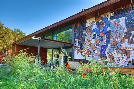 TARNOWSKIE GORY, POLAND - AUGUST 28, 2024: Tarnowskie Gory Culture Center (Polish name: Tarnogorskie Centrum Kultury TCK, unoficially called Kolejarz) building.