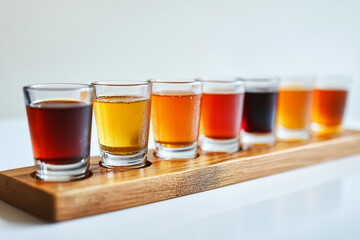 A wooden board with juice glasses of different colors, a white background,