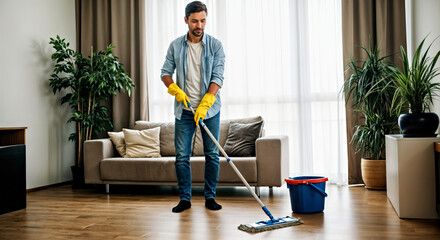 Man Cleaning Living Room with Mop and Bucket, Emphasizing Housekeeping and Hygiene