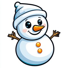 A cute, cartoon-style snowman wearing a white hat, with an orange carrot nose, twig arms, and two orange buttons, smiling against a simple background.