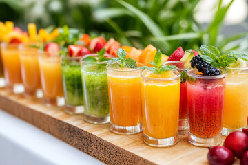 A wooden board with several glasses of colorful juice arranged in rows, each glass filled to the brim