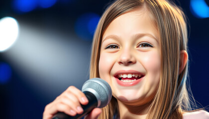 Fototapeta premium Adorable Cute Little Young Girl Performing on Stage Smiling in School Theater Program. 