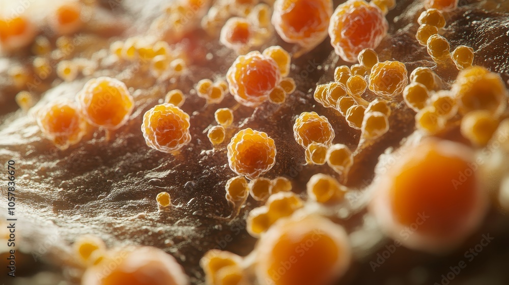 Aufkleber this image captures a highly detailed close-up view of vibrant orange microorganisms clustered on a 