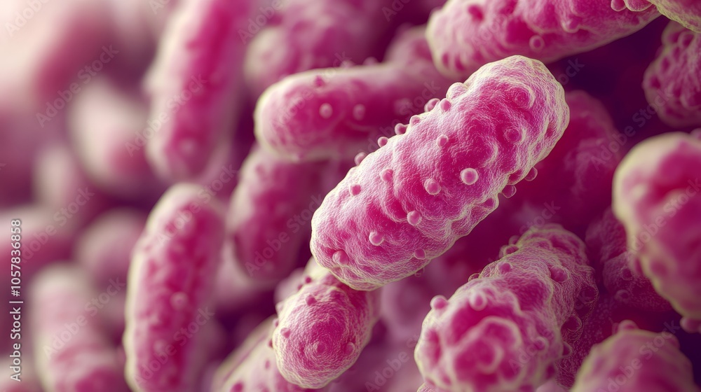 Poster a highly detailed microscopic image showing pink bacteria with a textured surface, illustrating cell